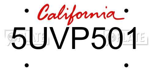 5UVP501 California License Plate