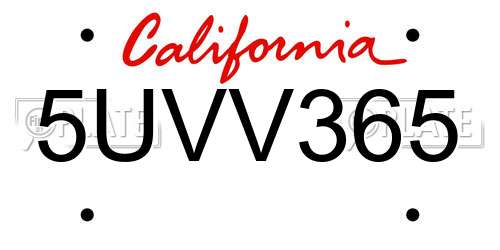 5UVV365 California License Plate