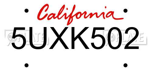 5UXK502 California License Plate