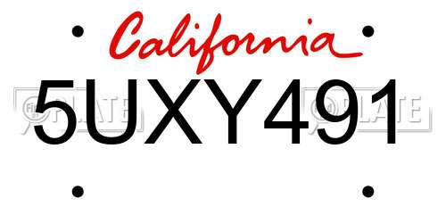 5UXY491 California License Plate