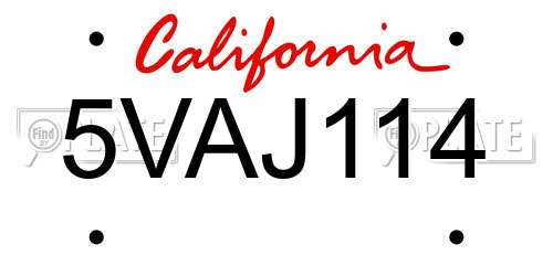 5VAJ114 California License Plate