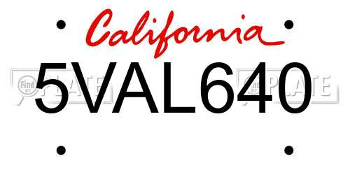 5VAL640 California License Plate