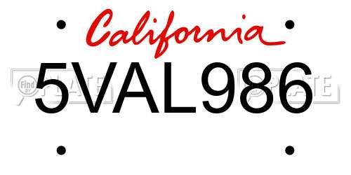5VAL986 California License Plate