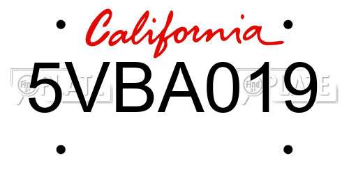 5VBA019 California License Plate