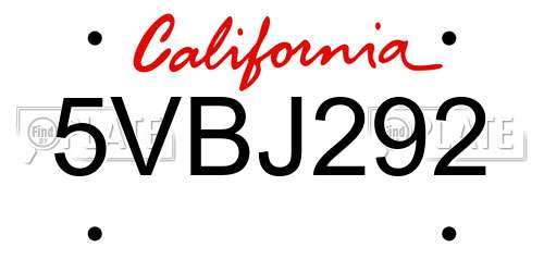 5VBJ292 California License Plate