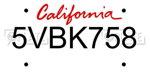 5VBK758 California License Plate