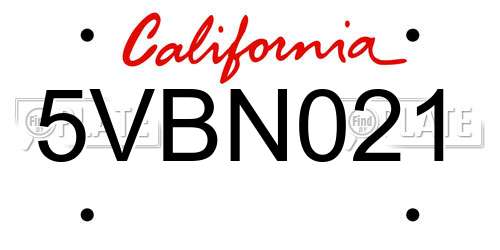 5VBN021 California License Plate