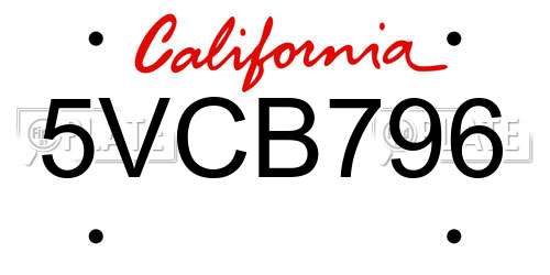 5VCB796 California License Plate