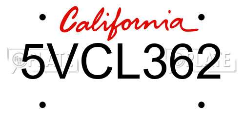 5VCL362 California License Plate