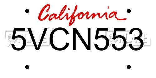 5VCN553 California License Plate