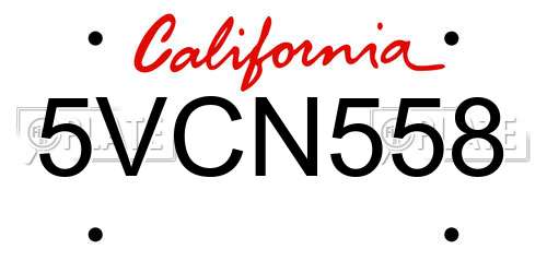 5VCN558 California License Plate