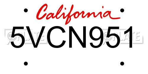 5VCN951 California License Plate