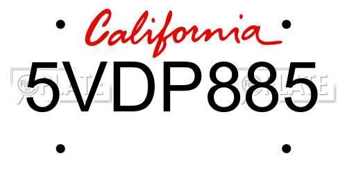 5VDP885 California License Plate