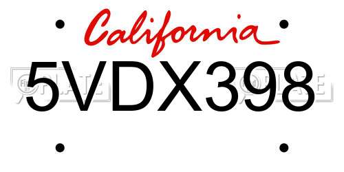 5VDX398 California License Plate