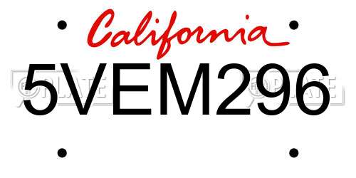5VEM296 California License Plate