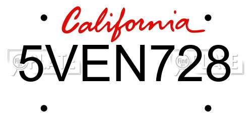 5VEN728 California License Plate