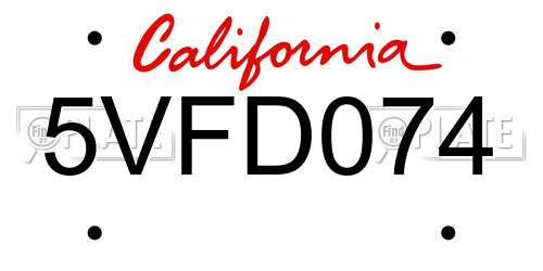 5VFD074 California License Plate