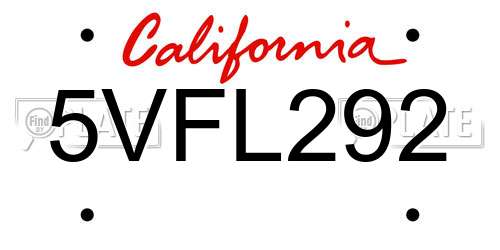 5VFL292 California License Plate