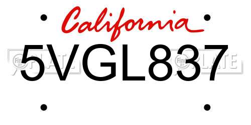 5VGL837 California License Plate