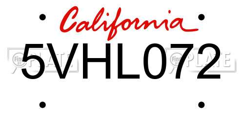 5VHL072 California License Plate