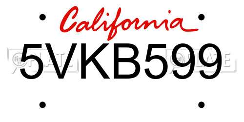 5VKB599 California License Plate