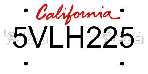 5VLH225 California License Plate