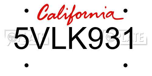 5VLK931 California License Plate