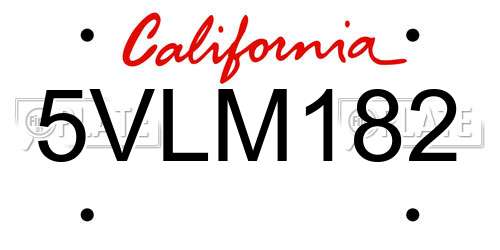 5VLM182 California License Plate