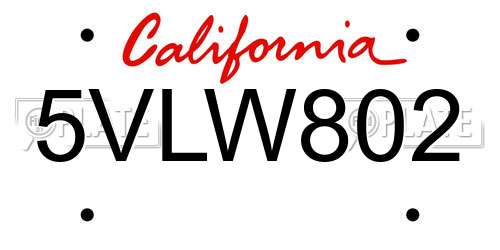 5VLW802 California License Plate