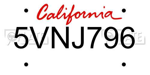 5VNJ796 California License Plate