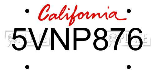 5VNP876 California License Plate