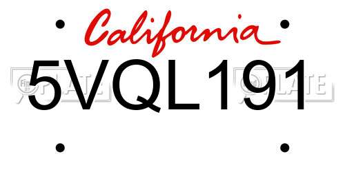 5VQL191 California License Plate