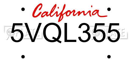 5VQL355 California License Plate