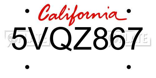 5VQZ867 California License Plate