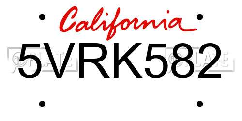 5VRK582 California License Plate