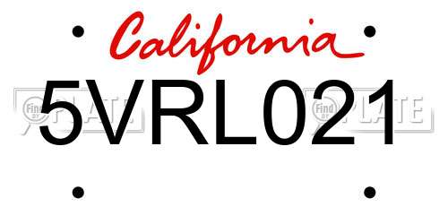5VRL021 California License Plate