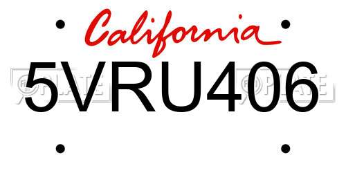 5VRU406 California License Plate