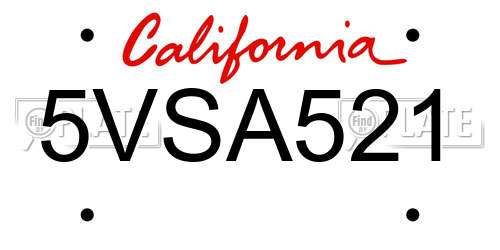 5VSA521 California License Plate