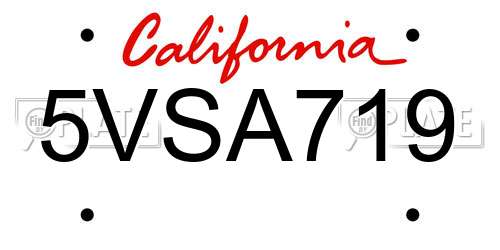 5VSA719 California License Plate