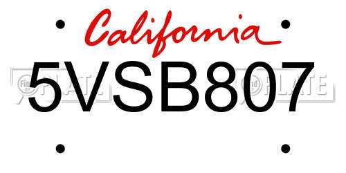 5VSB807 California License Plate