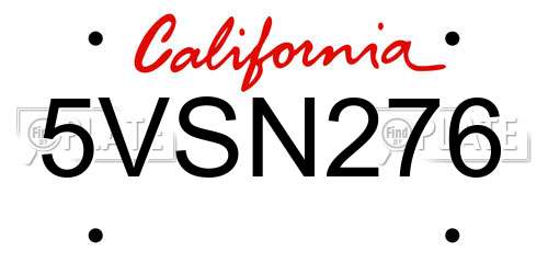 5VSN276 California License Plate