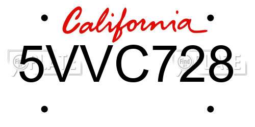 5VVC728 California License Plate