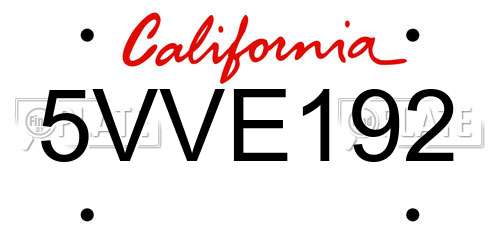 5VVE192 California License Plate