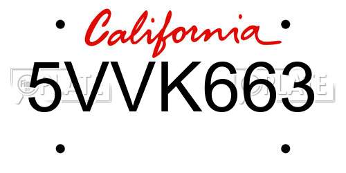 5VVK663 California License Plate