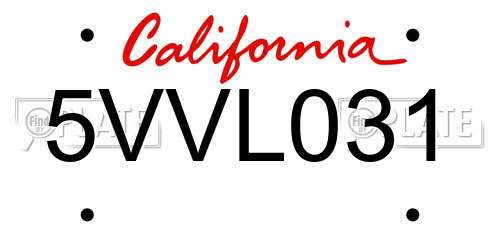 5VVL031 California License Plate