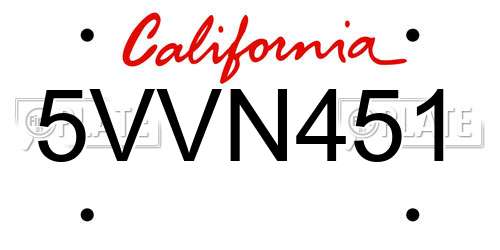 5VVN451 California License Plate
