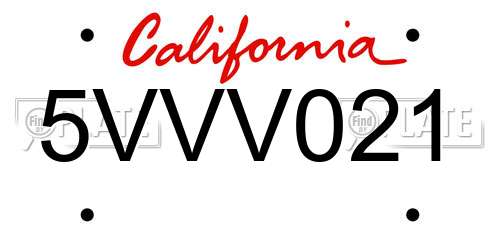 5VVV021 California License Plate