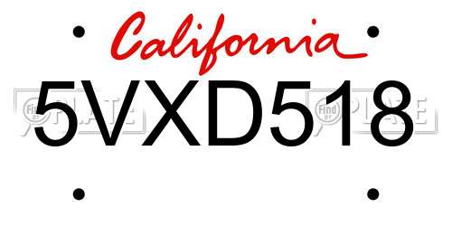 5VXD518 California License Plate