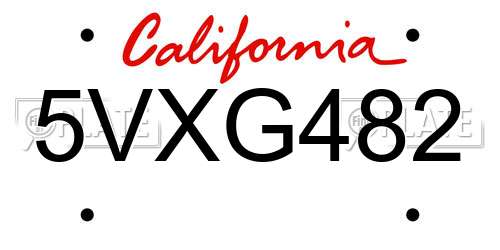 5VXG482 California License Plate
