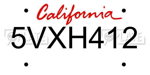 5VXH412 California License Plate
